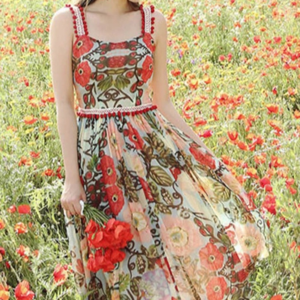 Mr. Water Maxi Dress,Poppy Flower Prints Summer Dress